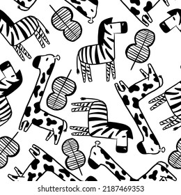 Seamless pattern with zebra, giraffe and leaves. Cute background for textile, fabric, stationery, clothes, socks, wrapping paper and other designs.