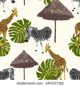seamless pattern zebra and giraffe with pavilian and swiss cheeses leaves on white background, vector illustration