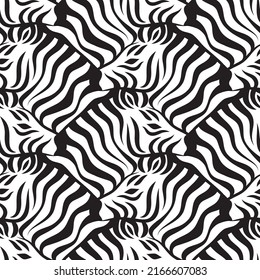 Patrón sin foco con cabeza de cebra. Ilustración abstracta cabeza de cebras, patrón sin costura animal, estampado a rayas de moda. Textura en blanco y negro. Ilustración vectorial.