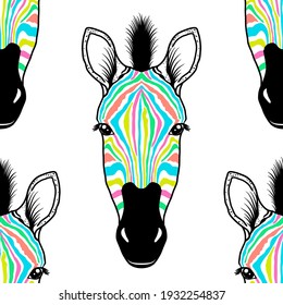 Seamless pattern with zebra head on white background.
