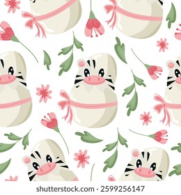 seamless pattern with a zebra icon sitting in a white egg with a bow and pink flowers, design for Easter decorations