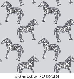 Seamless Pattern with Zebra isolated on gray background. Ornament items with Wildlife and Animal symbol. For printing wrapping paper, wallpaper, packaging, fabric. Hand Drawn vector illustration.
