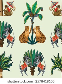 Seamless pattern with zebra, leopard, monkey and jungle trees. Vector