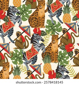 Seamless pattern with zebra, leopard, monkey and jungle trees. Vector