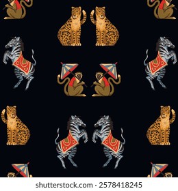 Seamless pattern with zebra, leopard and monkey. Vector