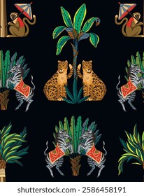 Seamless pattern with zebra, leopard, monkey and jungle trees. Vector