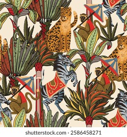 Seamless pattern with zebra, leopard, monkey and jungle trees. Vector