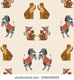 Seamless pattern with zebra, leopard and monkey. Vector