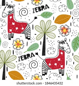Seamless pattern with zebra and palm trees. Animals of Africa, elements of flora and fauna. Fairy Tale kid textile, wrapping paper, background. Kids animal characters. Vector illustration.