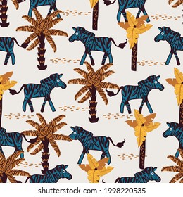seamless pattern with zebra and palm trees, vector design for paper, fabric and other surfaces