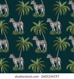 Seamless pattern with zebra and palm trees. Vector