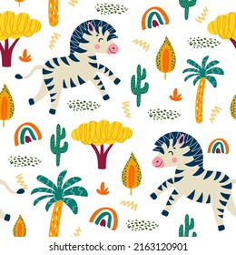 seamless pattern with zebra and plants in a childish cartoon style. vector illustration. for children's textiles and decoration