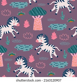 seamless pattern with zebra and plants in a childish cartoon style. vector illustration. for children's textiles and decoration