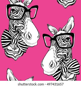 Seamless pattern. Zebra portrait in a striped tie with a glasses on a pink background. Vector illustration.