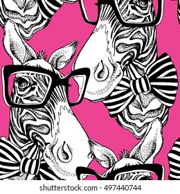 Seamless pattern. Zebra portrait in a striped tie with a glasses on a pink background. Vector illustration.