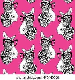 Seamless pattern. Zebra portrait in a striped tie with a glasses on a pink background. Vector illustration.