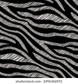 Seamless pattern of a Zebra Print with black background elements.