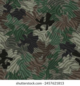 A seamless pattern of zebra print in brown, inspired by military camouflage, blends with terrestrial plants and grass to create a unique textile landscape painting