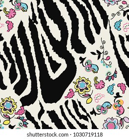seamless pattern with Zebra skin and flowers