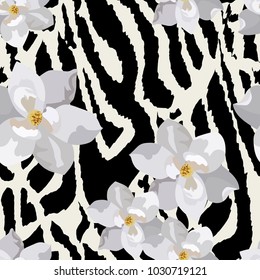 seamless pattern with Zebra skin and flowers
