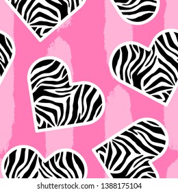 Seamless pattern of zebra skin in shape of heart on pink background. Trendy animal print. Fashion vector illustration.