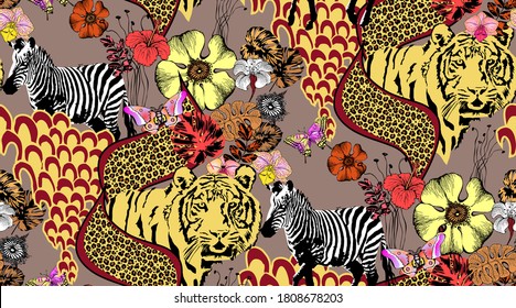 Seamless pattern of zebra and tiger. Suitable for fabric, mural, wrapping paper and the like. Vector illustration