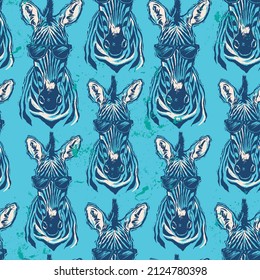 Seamless pattern of a Zebra with tropical leaves background elements. Safari animal