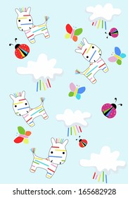 Seamless pattern with a zebra under a rainbow
