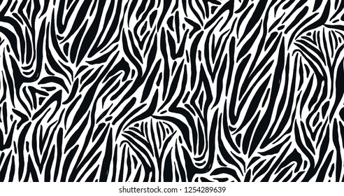 Seamless pattern with zebra or white tiger coat or fur texture. Animal backdrop with stripes or streaks. Monochrome vector illustration in flat style for wrapping paper, fabric print, wallpaper.