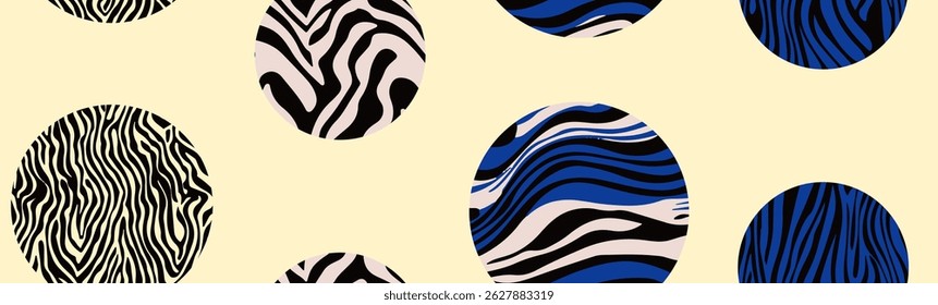 Seamless pattern of zebra-like wavy stripes contained within various circles on a light background, with accents of blue and neutral colors for a modern and playful animal-inspired design.