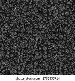 Seamless pattern with zebras,   animals, flowers and leave,light contour images on a dark background