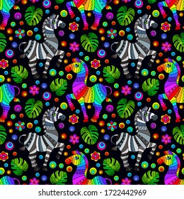 Seamless pattern with zebras, bright rainbow animals, flowers and leaves on a dark background