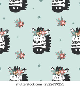 Seamless pattern with zebras and flowers. This collection is perfect for creating book and notepad covers, art prints, postcards, stickers, posters, collages, branding, social media, clothing.