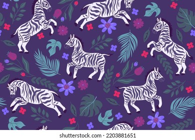 Patrón sin foco con cebras y flores. Gráficos vectoriales.
