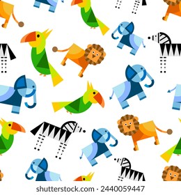 Seamless pattern with zebras, lions, elephants and parrot