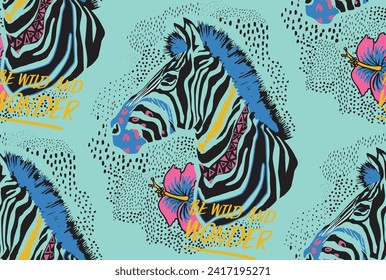 Seamless pattern with zebras. Multi Colored horses, striped zebra. Pop Art. Stylish colorful background. Summer print. Figured markers.