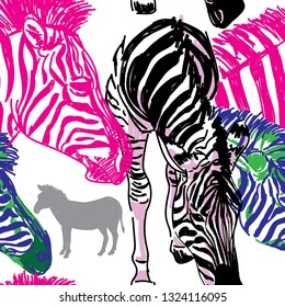 
Seamless pattern with zebras. Multicolored horses, striped zebra. Pop Art. Stylish colorful background. Summer print. Figured markers.