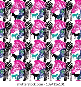 
Seamless pattern with zebras. Multicolored horses, striped zebra. Pop Art. Stylish colorful background. Summer print. Figured markers.