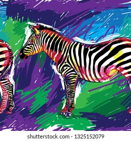 Seamless pattern with zebras. Multicolored horses, striped zebra. Pop Art. Stylish colorful background. Summer print. Figured markers.