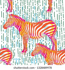 Seamless pattern with zebras. Multicolored horses, striped zebra. Pop Art. Stylish colorful background. Summer print. Figured markers.