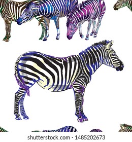 Seamless pattern with zebras. Multicolored horses, striped zebra. Pop Art. Stylish colorful background. Summer print. Figured markers.