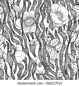 Seamless Pattern with zebra's stripes and Anemone flowers. Vector black and white illustration.