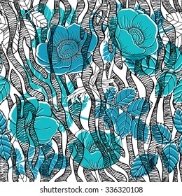 Seamless Pattern with zebra's stripes and Anemone flowers in blue tones. Vector illustration.