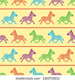 Seamless pattern of zebras. Vector cartoon background. Bright color illustration.