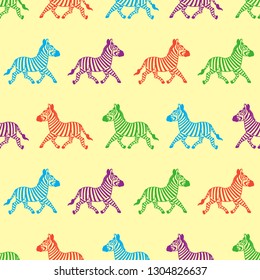 Seamless pattern of zebras. Vector cartoon background. Bright color illustration.