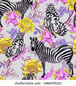 Seamless pattern of zebras,butterflies and exotic flowers.