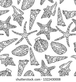 seamless pattern in zen art style with conch shells and starfish on white background. stock vector illustration. black and white monochrome