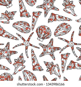 seamless pattern in zen art style with conch shells and seastars on white background. stock vector illustration.