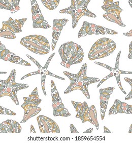 Seamless pattern in zen art style with conch shells and seastars on white background