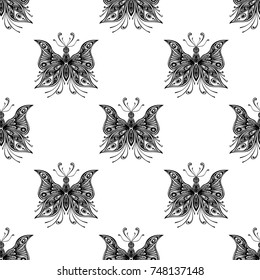 Seamless pattern with zen tangle butterflies  in black white for coloring page or for decoration t-shirt clothes and other things
